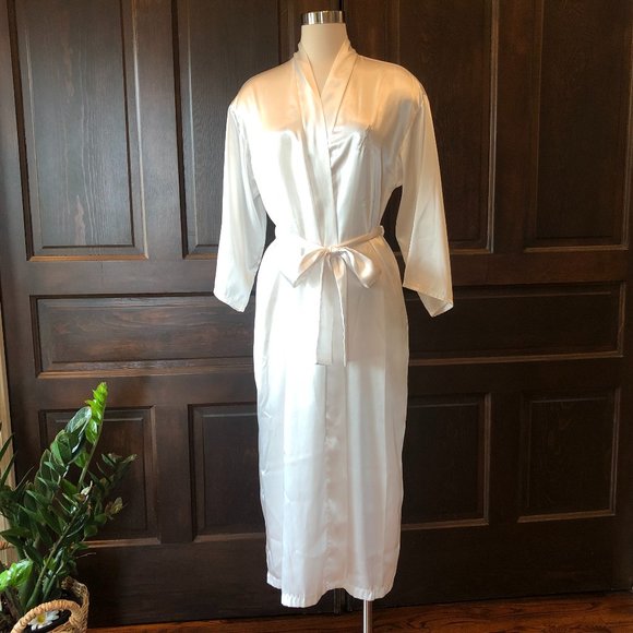Cruz Natori Size S White Silky Long Robe Bridal Honeymoon Kimono Belted Pockets - Picture 1 of 10
